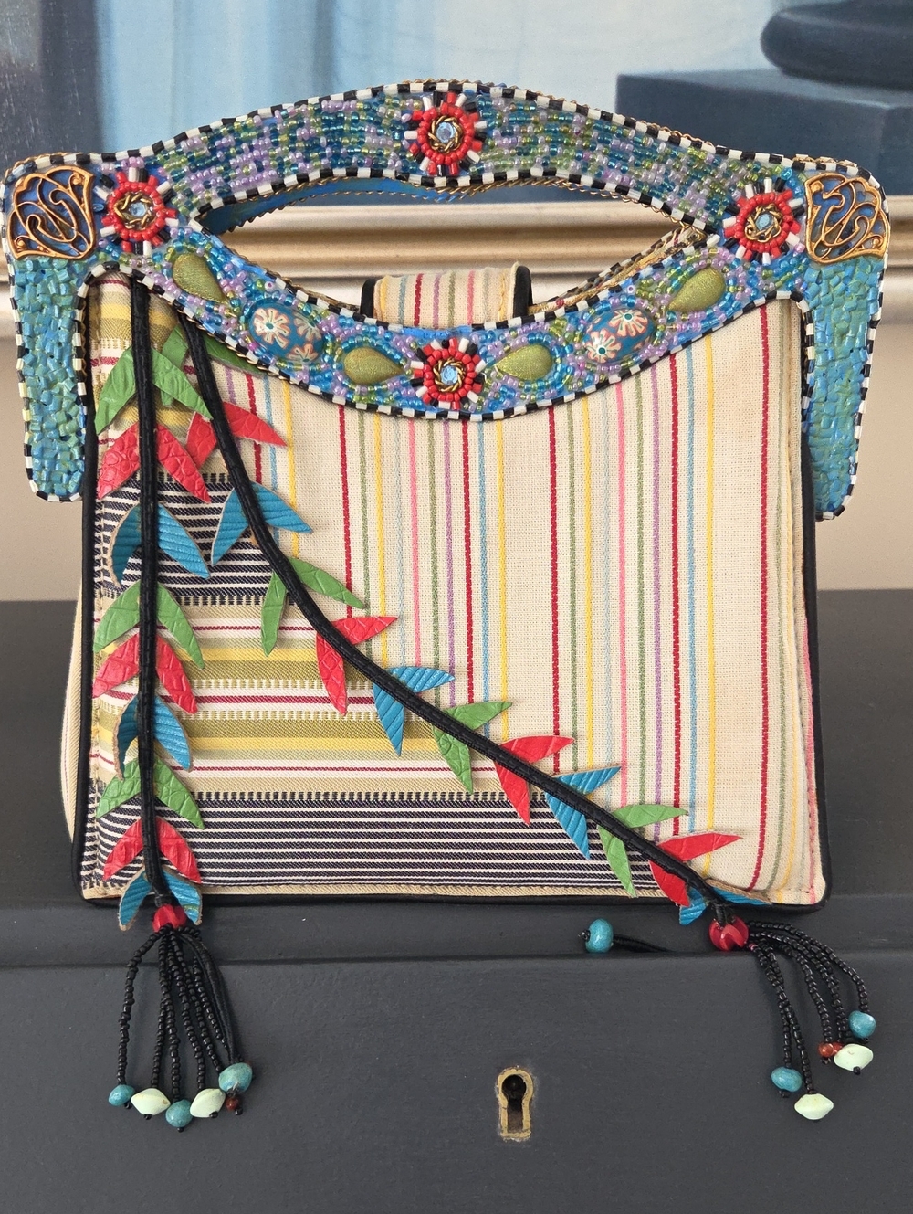 Mary Frances Beaded Multicolor Stripe Mini Bag with Tassel Embellishments